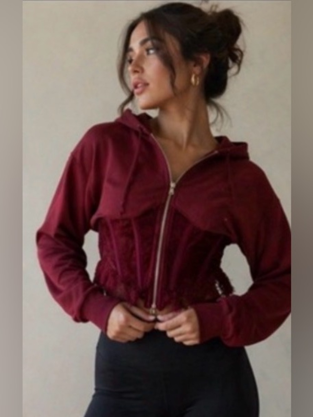 AKIRA Burgundy Corset Hoodie Cropped Lace Zip Jacket Goth Coquette NWT